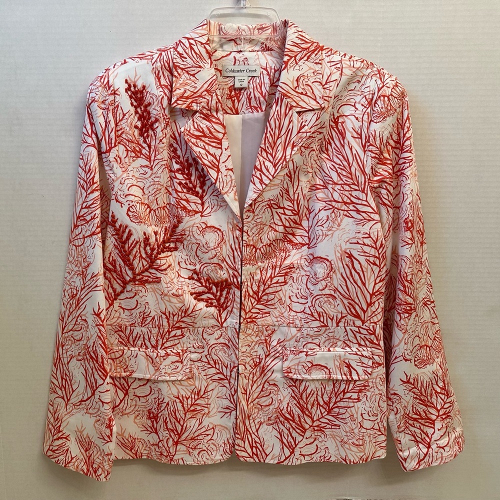 Coldwater Creek White Pink Red Jacket Size 12 Lined Beaded Blazer